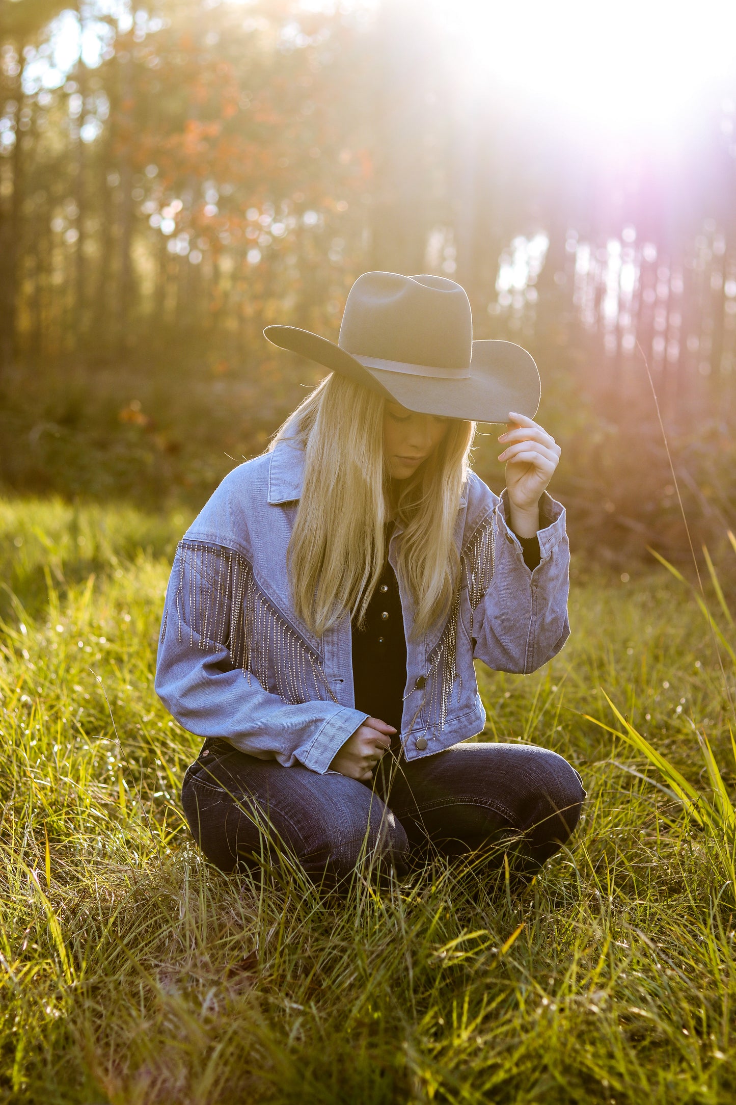 Light Wash Denim Rhinestone Fringe Jacket