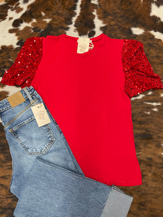 Red Puff Sequin Sleeve Top