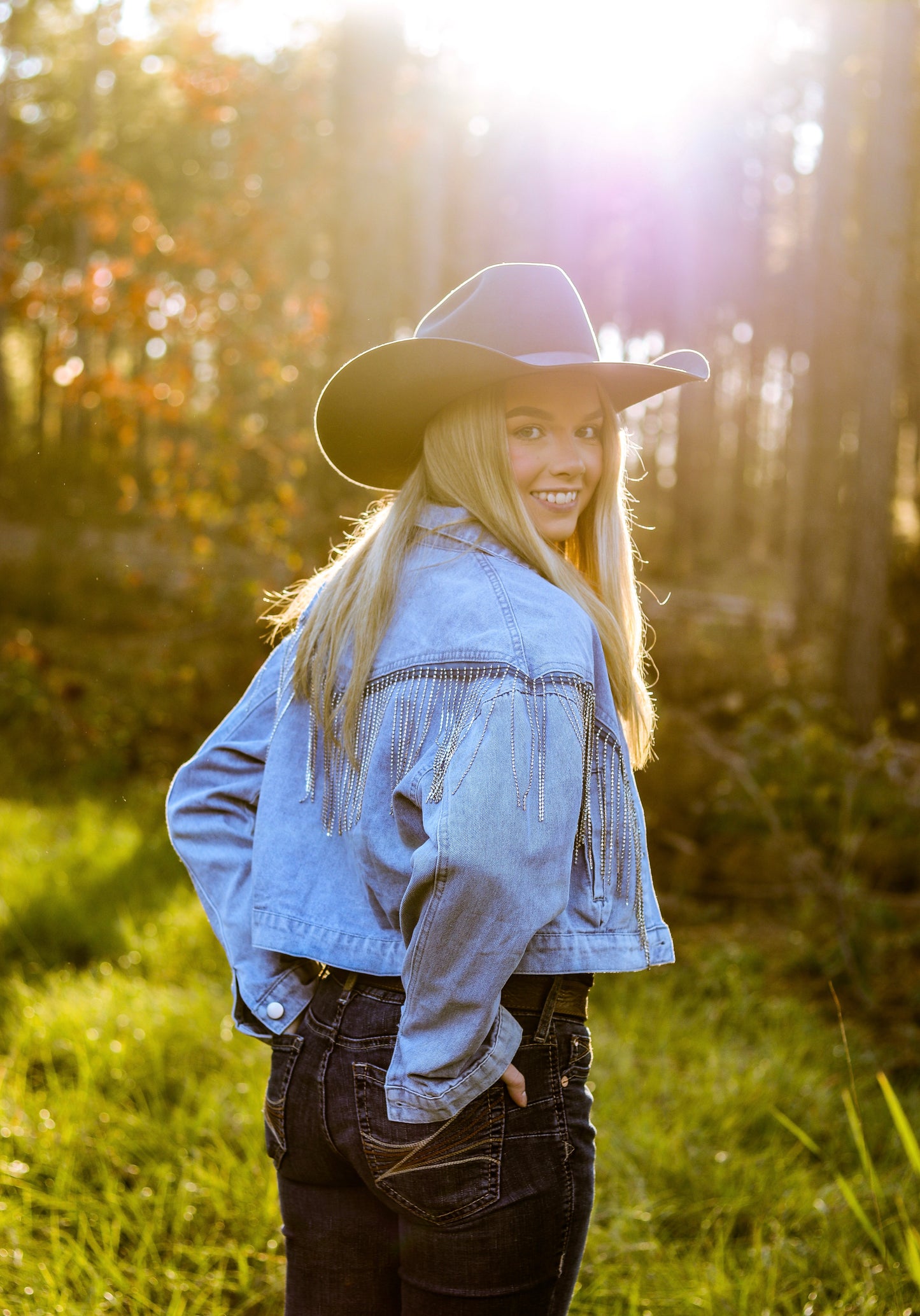 Light Wash Denim Rhinestone Fringe Jacket