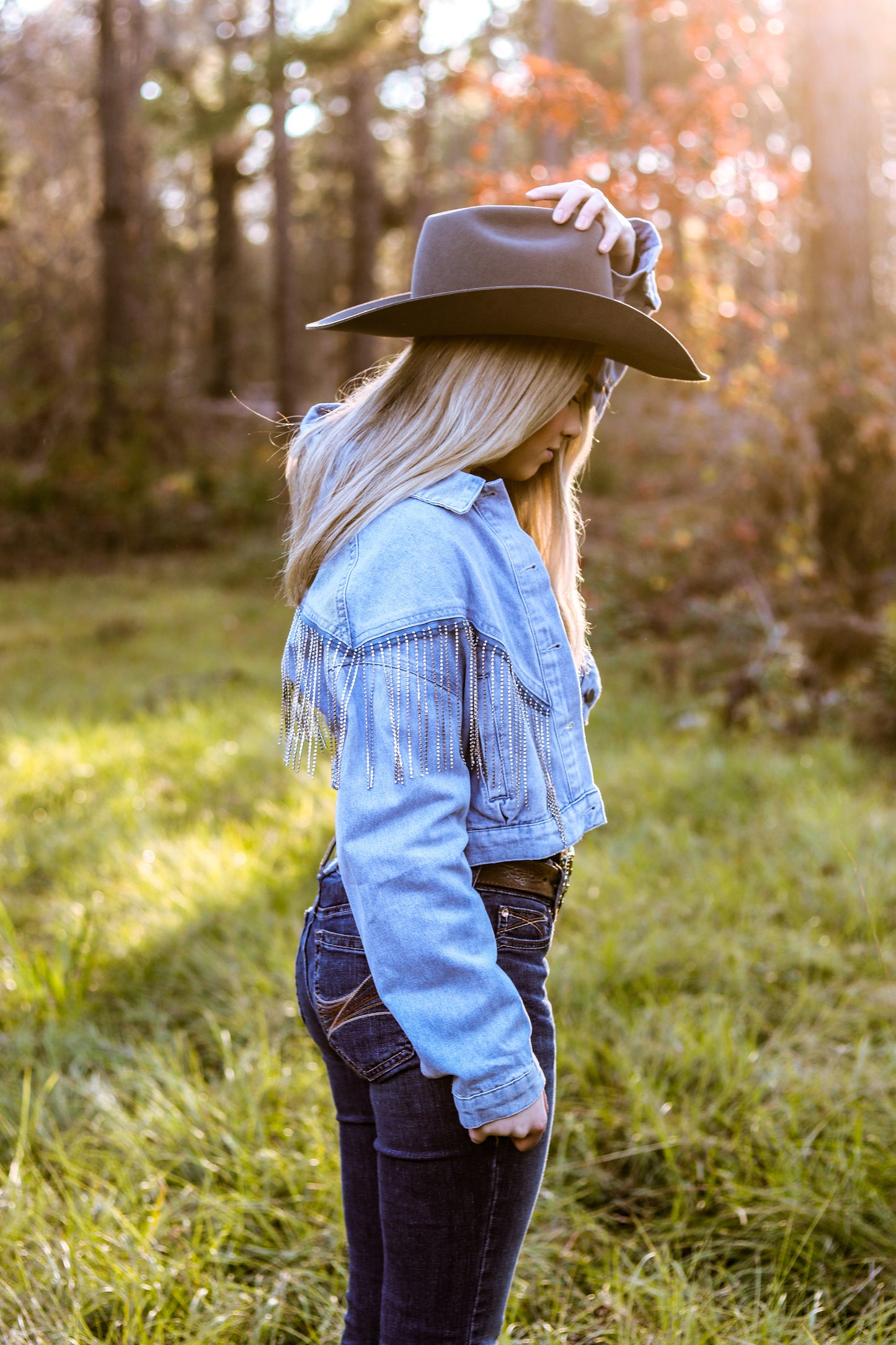 Light Wash Denim Rhinestone Fringe Jacket