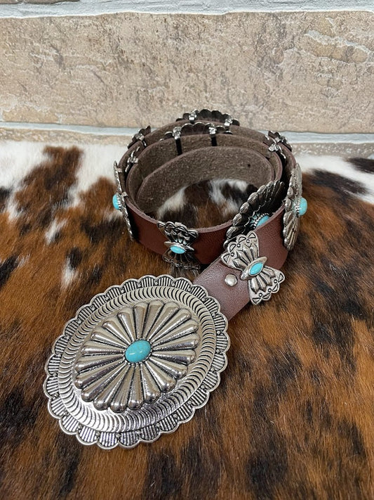 Brown Leather Oval Concho Ribbon Turquoise Stone Belt