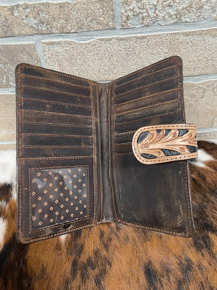 Brown Tooled Leather Cowhide Western Wallet