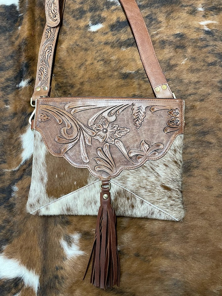 Tooled Leather Western Cowhide Crossbody With Buckle